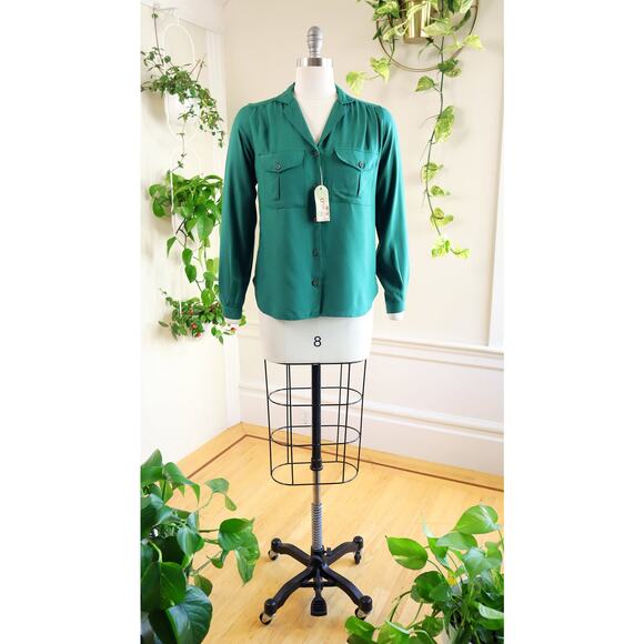 Vintage 1970s Blouse 70s Deadstock FRENCH CONNECTION Green Button Up Long Sleeve - Picture 3 of 9